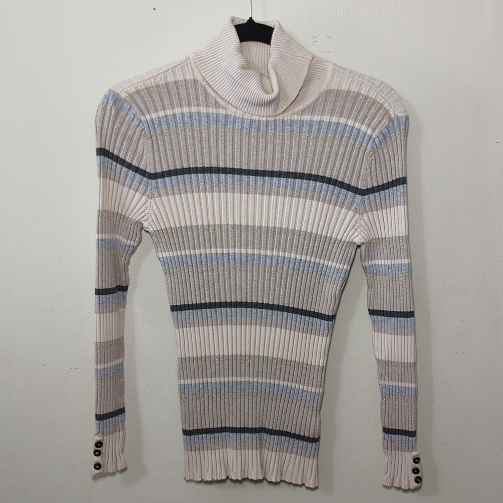 Style & Co Striped Multicolor Turtleneck Sweater w/ Gold Threads Women's Size L